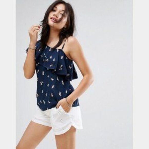 Abercrombie & Fitch Navy Blue Floral One Shoulder Short Sleeve Blouse L - Picture 1 of 5